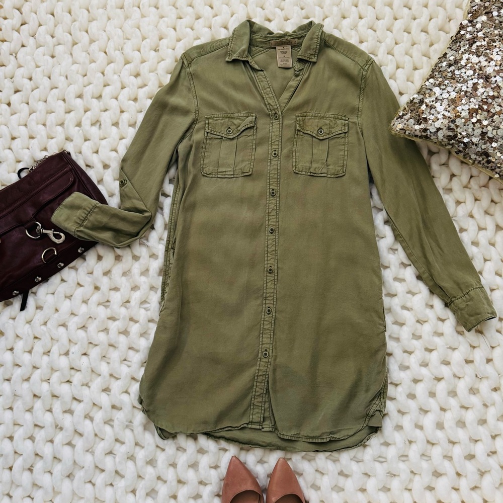 Olive Green Button-Up Shirt Dress